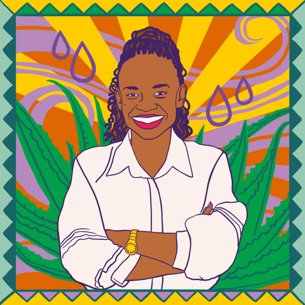 Illustration of Anne Agar wearing a white short on a background of yellow and orange sunbeams. She is surrounded by plants.