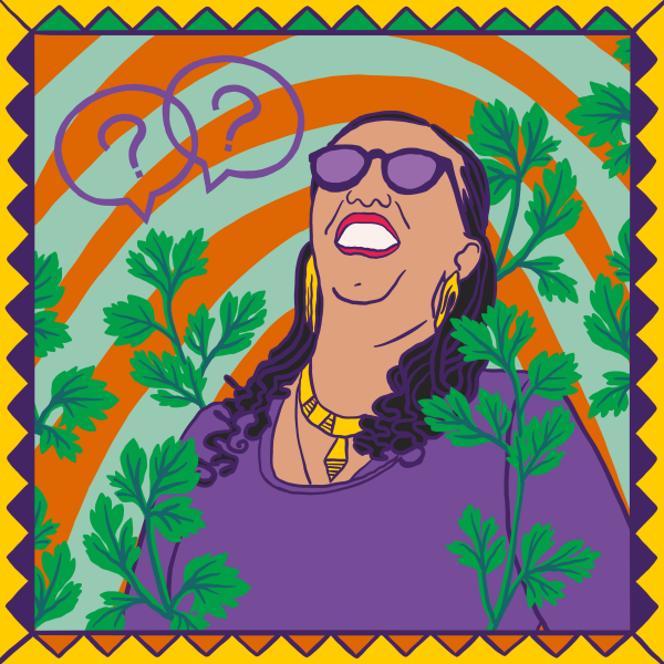Illustration of Dibabe Bacha wearing a purple dress and smiling looking up. The background is orange and green and Dibabe is surrounded by plants.