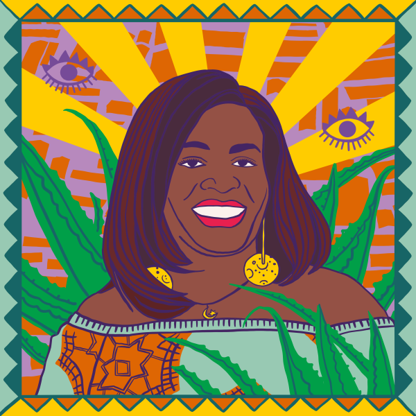 Illustration of Editar Ochieng with plants and eyes around her. THe background is bright sunbeams and Editar is smiling.