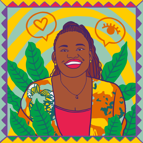 Illustration of Gloria Mutyaba smilingsurrounded by plants and a yellow striped pattern background.