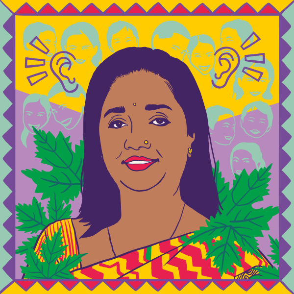 Illustration of Lily Thapa on a yellow and purple background surrounded by plants