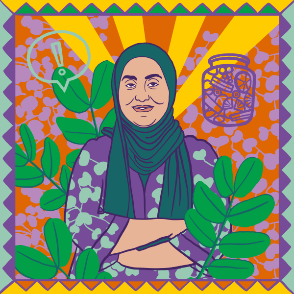 Illustration of Maryam Rahmani on a yellow and orange background of sunbeams. She is surrounded by plants.