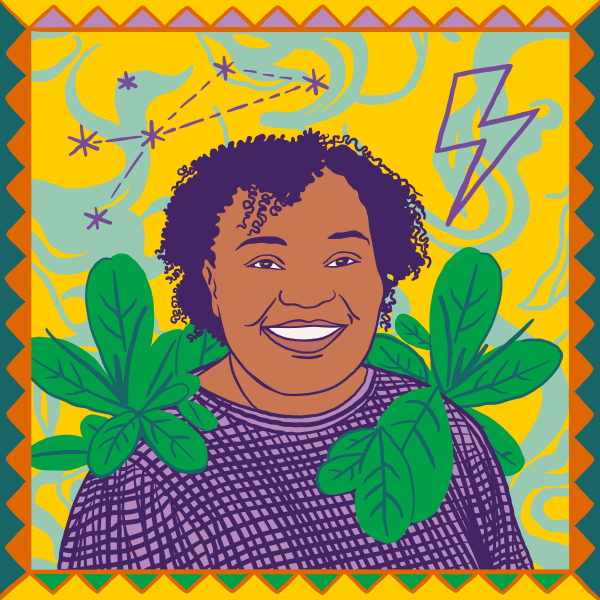 Illustration of Sakhile Sifelani-Ngoma with plants and lightning bolts around her.