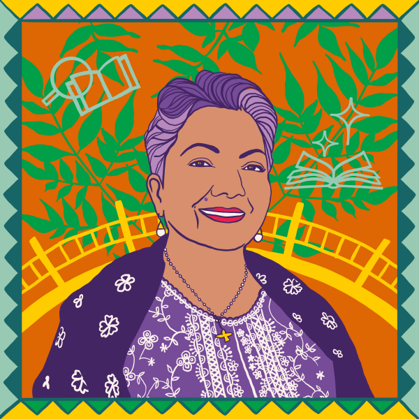 Illustration of Srilatha wearing purple agaisnt an orange background with green plants around her.