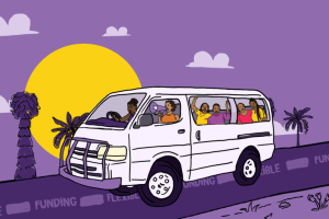 An illustration of a white van full of people driving down a road with a sun behind it.