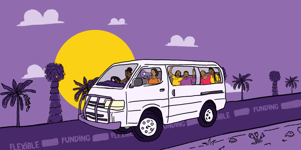An illustration of a white van full of people driving down a road with a sun behind it.