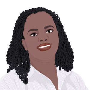 Illustration of Faith Nkatha. Faith is smiling , she has shoulder length black hair and is wearing a white shirt.