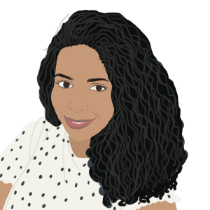 Illustration of Jasmine, she is wearing a white top with black dots. She is smiling and her black hair is pushed to the side.