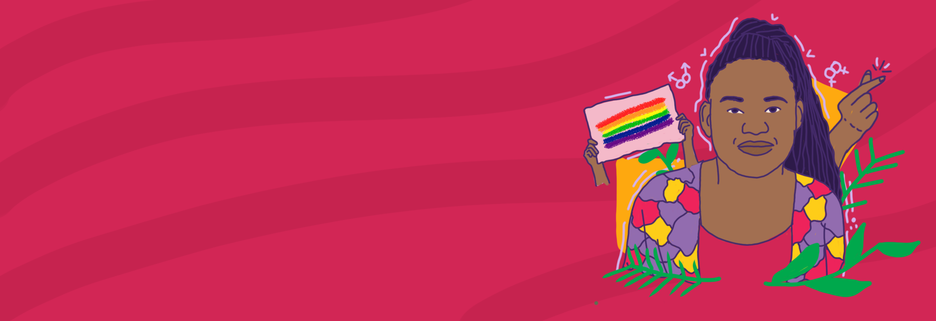 Illustration of Gloria Mutyaba - a Ugandan woman with her long hair tied up at the top off her head. She wears a purple, pink and yellow patterned top and is surrounded by a pride flag a pink background.