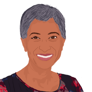 An illustration of Katie Ghose smiling.