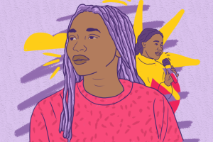 An illustration of Shyleen looking powerfully away from camera. She wears a pink t-shirt and behind her, anotheryoung activist with a microphone.