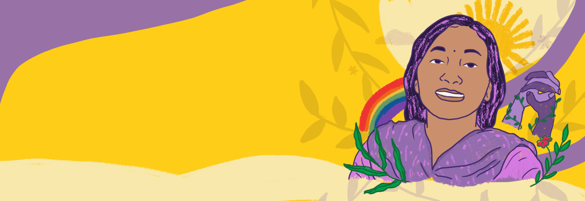 Illustration of Urmila Shrestha - Urmila smiles surrounded by rainbows, plants and sunshine. She is drawn next to a pair of hands holding each other.